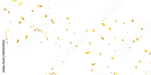 Golden confetti and streamers falling against a white background creating a celebratory and elegant atmosphere for events	