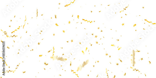 Golden confetti and streamers falling against a white background creating a celebratory and elegant atmosphere for events	