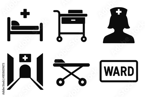 Healthcare icon set: bed, cart, nurse, corridor, stretcher, ward sign in black silhouette style