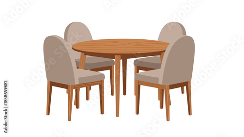 Elegant round wooden dining table surrounded by four comfortable beige chairs, creating a cozy and inviting dining space.