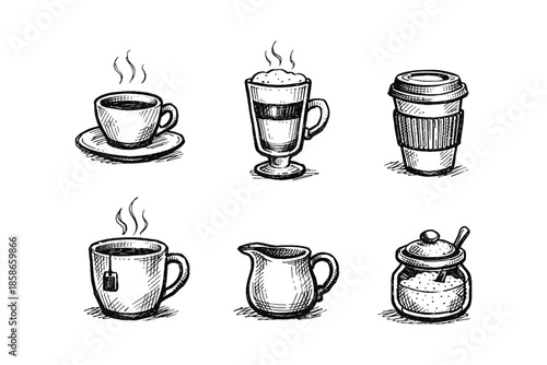 Hand drawn coffee set with cups and accessories