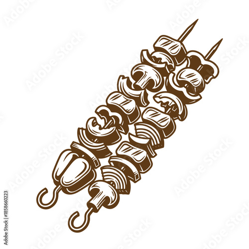 Vintage Two skewers of meat and vegetables on metal sticks for barbecue or shish kebab meal