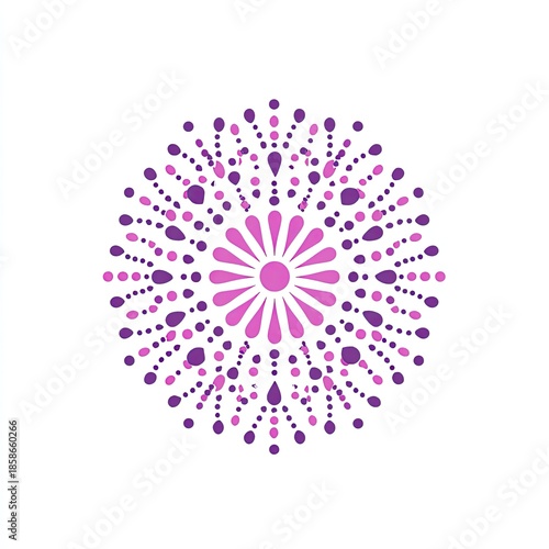 Circular, radial pattern of dots and teardrop shapes in pinks and purples