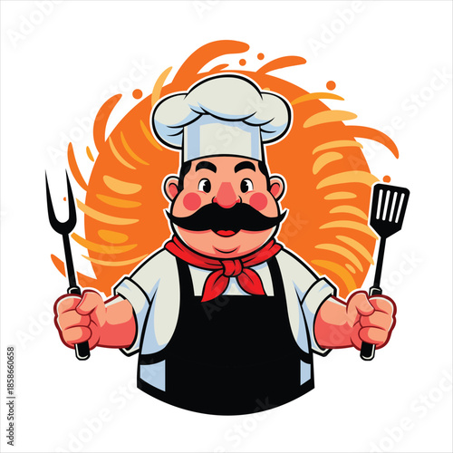 Cartoon chef mascot character with a mustache holding a spatula and fork against a fiery orange background.