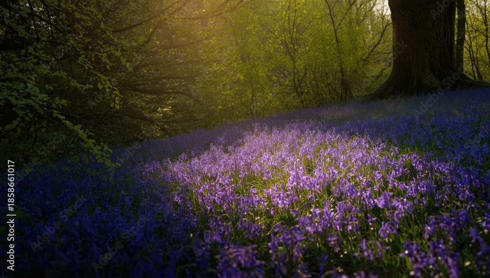 Naklejka premium Bluebell flowers during dusk, highlighting natural floral display and time of day