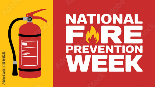 National fire prevention week banner featuring a fire extinguisher for public safety