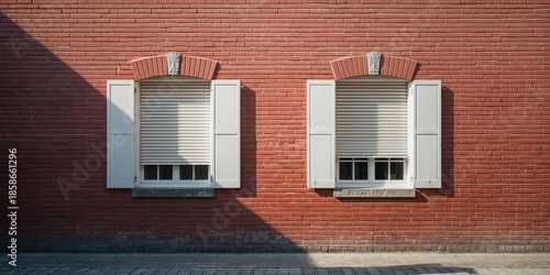 Sunlit red brick wall with ...