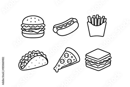 Minimalist line icons of popular fast food items: burger, hot dog, fries, taco, pizza, sandwich