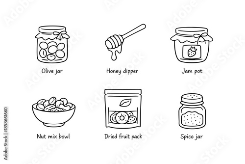 Hand drawn kitchen elements: jars, bowls, and ingredients in simple black and white style