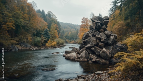 River flowing past imposing...