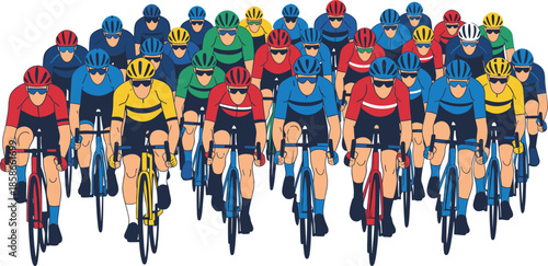 Stylized group cycling race with colorful jerseys, helmets, road bikes, and dynamic motion in vector art style