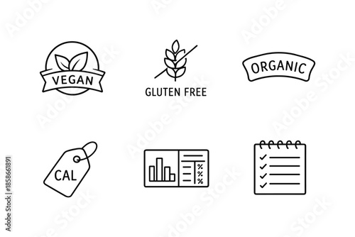 Simple black line icons for healthy lifestyle and nutrition labels