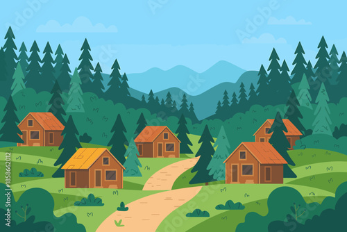 A charming collection of wooden cabins nestled within a vibrant green forest landscape