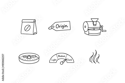 Minimalist coffee icons: packaging, origin, roasting, grinding, strength, aroma