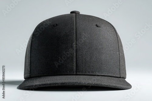 A shiny black cap with a textured surface, set against a light gray background, highlighting its unique design. Snapback cap mockup