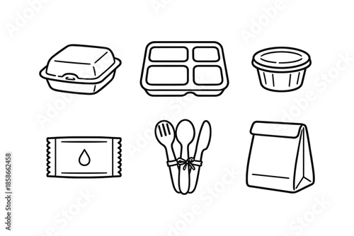 Minimalist line art of eco-friendly food packaging and utensils collection