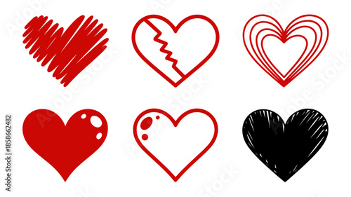 A diverse collection of hand-drawn heart illustrations showcasing love, emotion, and romance