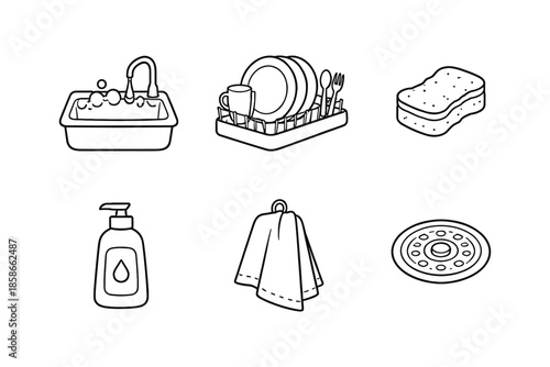 Simple kitchen essentials: sink, dish rack, sponge, soap dispenser, towels, drain
