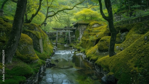 Moss-covered village settin...
