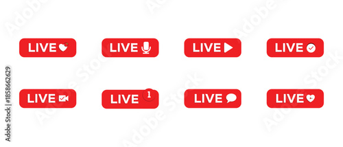Live streaming icon, live streaming button set, Play button icon. Mic, Heart, Message and Check Icon . vector illustration