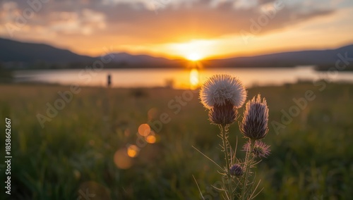 Blooming white thistle in a...