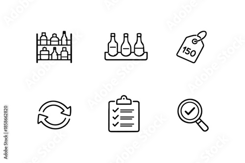 Minimalist icons for beverage shelf, price tag, and checklist functions