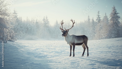 Reindeer grazing in a snowy...