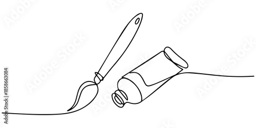 continuous one line drawing of artist paint tubes and a brush vector sketch, Brush and paint of the tube one line drawing vector illustration isolated on white background. Concept of tool for artist