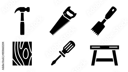 Carpentry tools and woodworking essentials icon set for construction and diy projects
