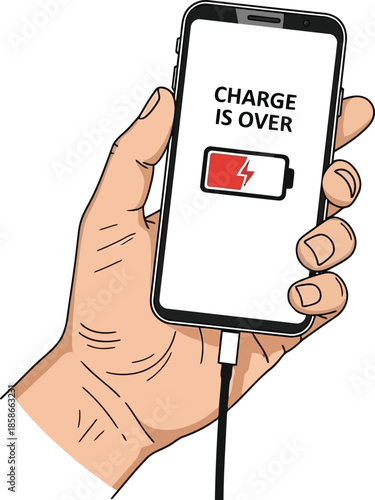 Smartphone displaying 'charge is over' and a low battery icon while plugged into a charger