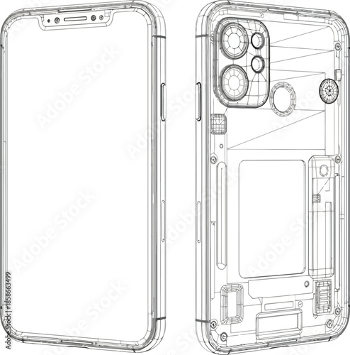 Detailed wireframe blueprint showcasing the internal and external design of a modern smartphone
