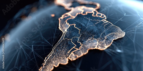 South America outlined in gold on a blue, networked globe