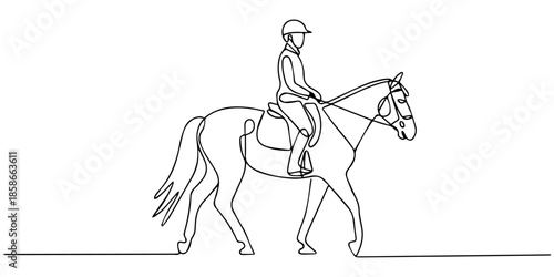 Horse rider in continuous line art drawing style. Equestrian sport black linear sketch isolated on white background. Vector illustration, Single continuous line drawing of young professional horseback