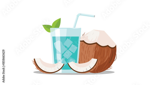 Refreshing glass of coconut water with ice cubes, accompanied by a whole coconut and two freshly sliced pieces.