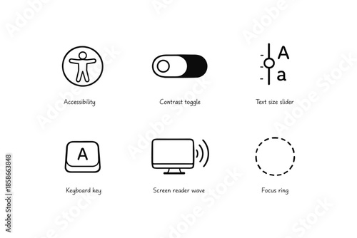 Modern accessibility icons set: contrast toggle, text slider, screen reader, keyboard key
