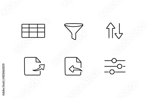 Minimalist data icons: grid, filter, sort, share, settings in simple line style