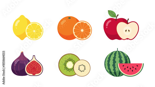 Colorful selection of citrus and exotic fruits in modern flat design