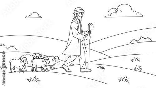 Pastoral scene with shepherd and sheep in countryside line art drawing