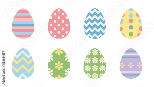 Colorful easter eggs with geometric and floral patterns on white background