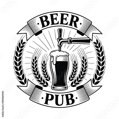 Vintage beer pub emblem featuring a glass tap and wheat stalks
