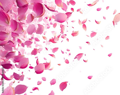 Pink flower petals scattered, floating softly across a white background