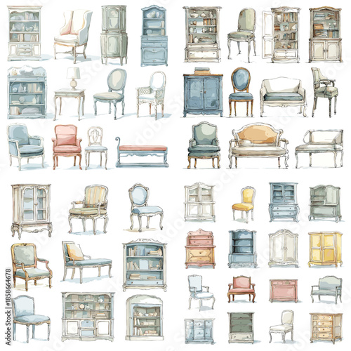 Detailed watercolor illustration grid of classic antique furniture featuring chairs cabinets tables and storage units in muted pastel tones isolated on white background