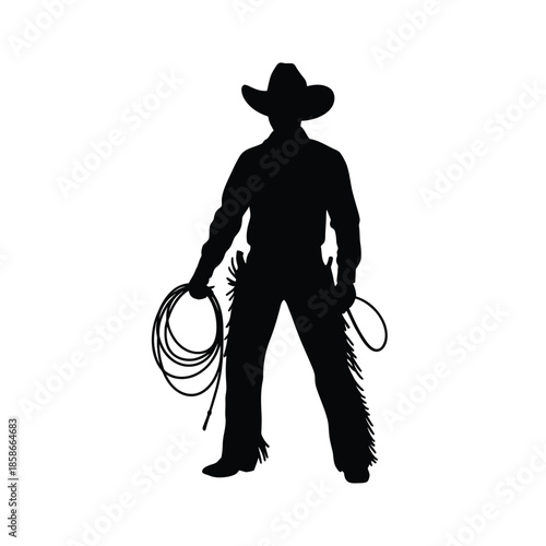 Silhouette of a cowboy with a lasso western style illustration