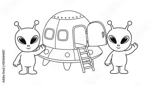 Cute alien cartoon with ufo spaceship: playful black and white art