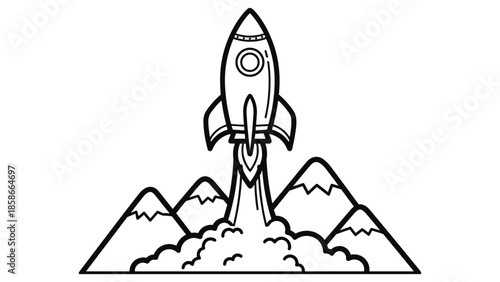 Minimalist rocket launch with mountains in outline design