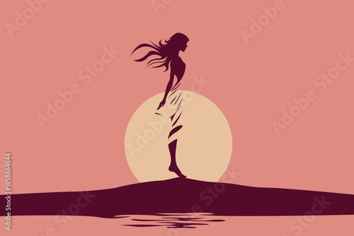 Silhouette of woman standing gracefully on water at sunset with flowing hair and dress, embracing sun above horizon, minimalist vector illustration symbolizing zen meditation, freedom, inner peace and