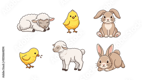 Cute farm animals set featuring cartoon lambs, bunnies, and chicks on white background