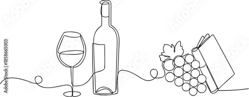 bottle of wine and grapes one line art vector on white background