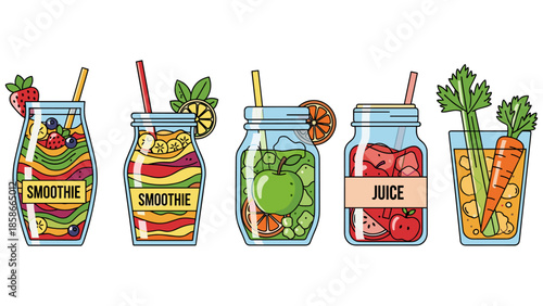 Colorful assorted fruit and vegetable smoothies and juices in modern cartoon style