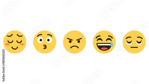 Expressive emoji faces collection: five popular emotions in flat style for digital communication